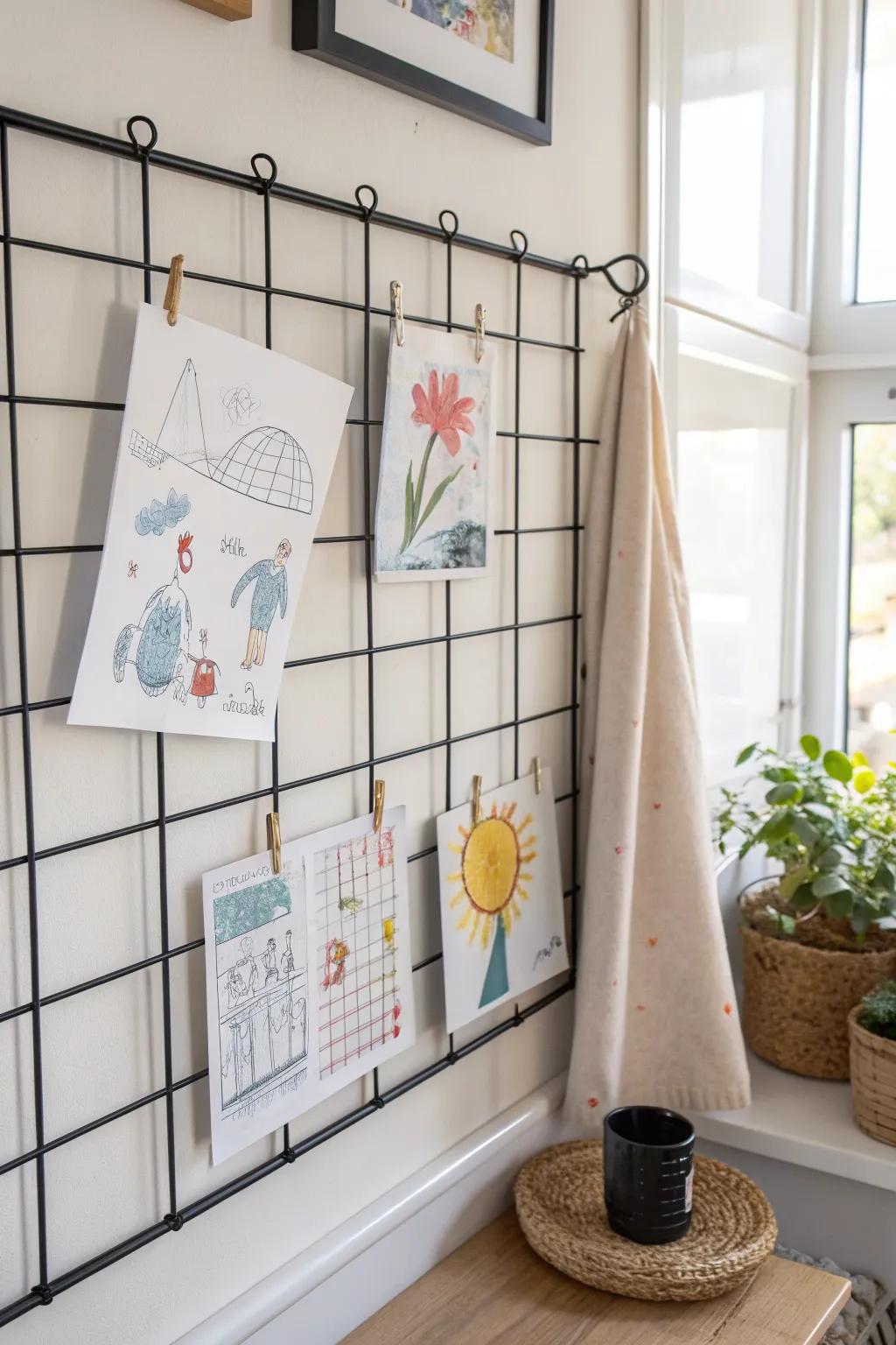 Clip kids' art on a chic grid wall—rotate weekly for a clutter-free, gallery-style kitchen.
