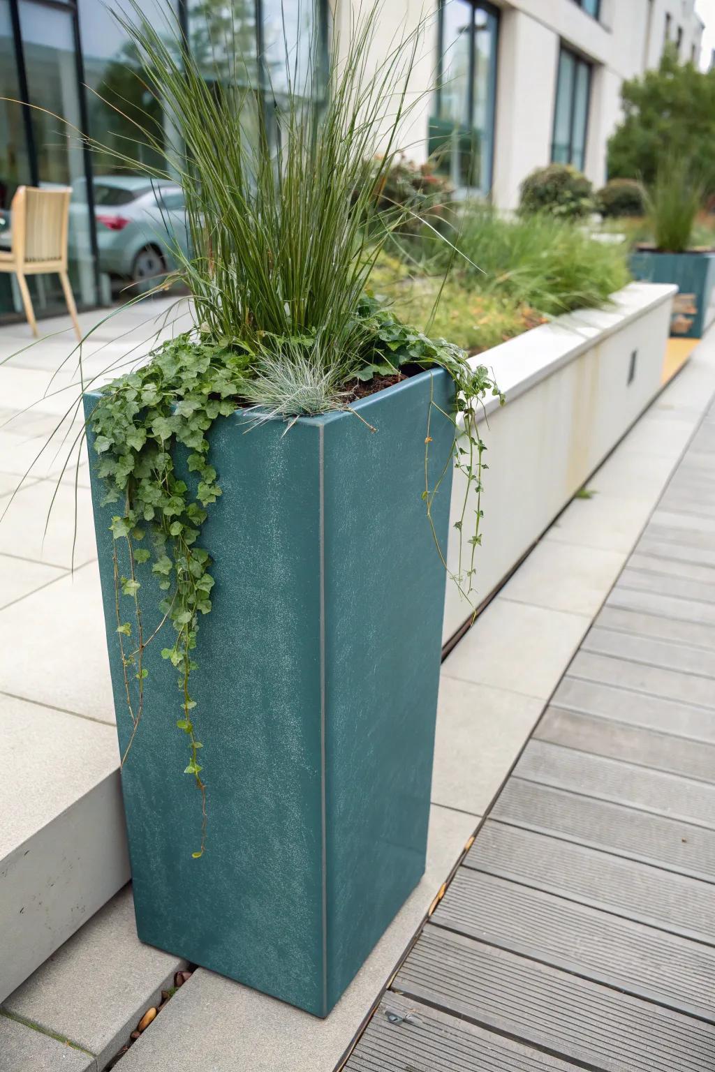 A tall planter “wall” draws a clear green boundary—privacy for patios that face a walkway.
