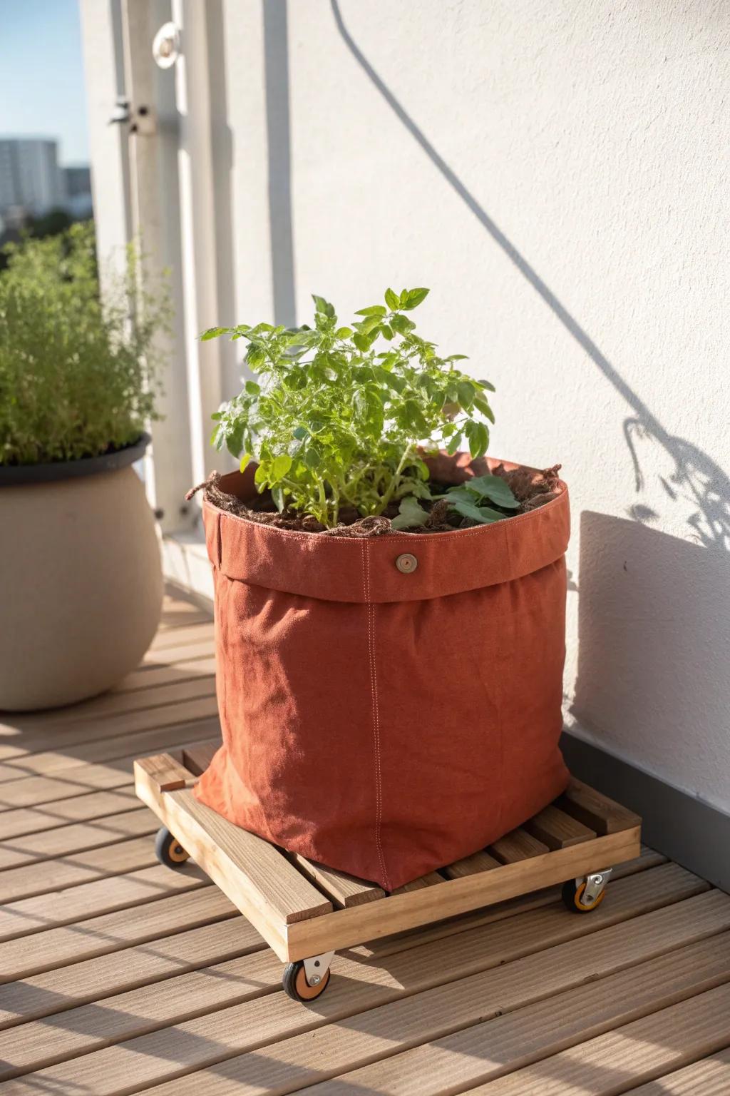 Roll your grow bag into the light—tiny shifts create new “sun zones” on a small balcony.