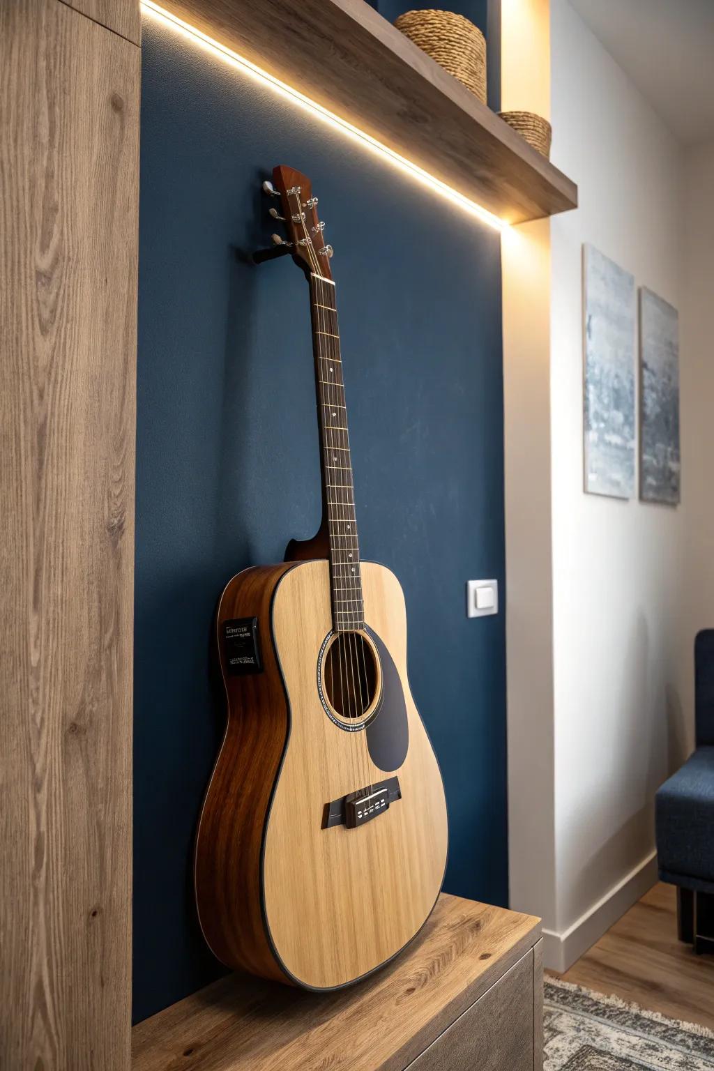 Soft backlit LED halo turns one guitar into a mini museum piece—perfect for small spaces.