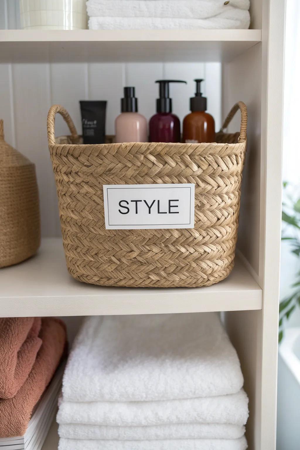 A labeled woven basket keeps hair products sorted by step—stylish, minimal, and closet-friendly.