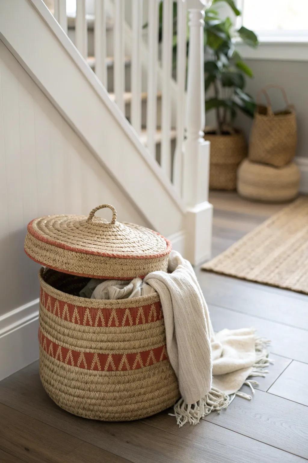 A pretty lidded basket by the stairs—hides scarves and dog gear while looking intentional.