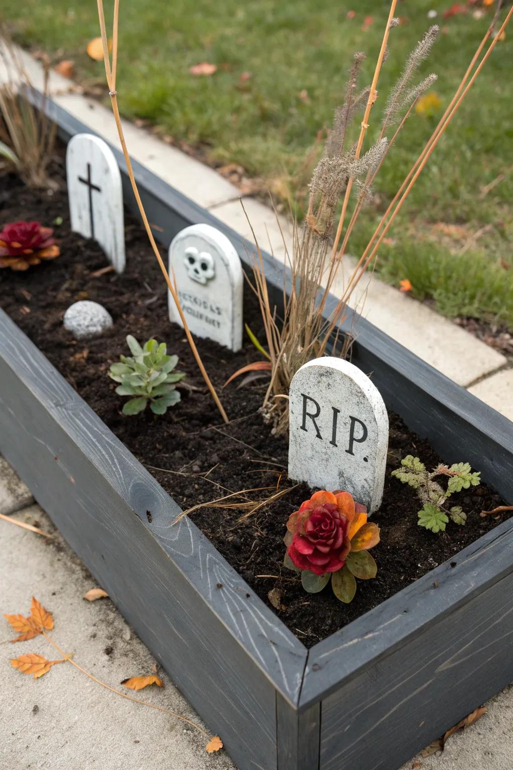 Mini graveyard planter box: tiny tombstones + dark mulch for spooky charm without losing space.