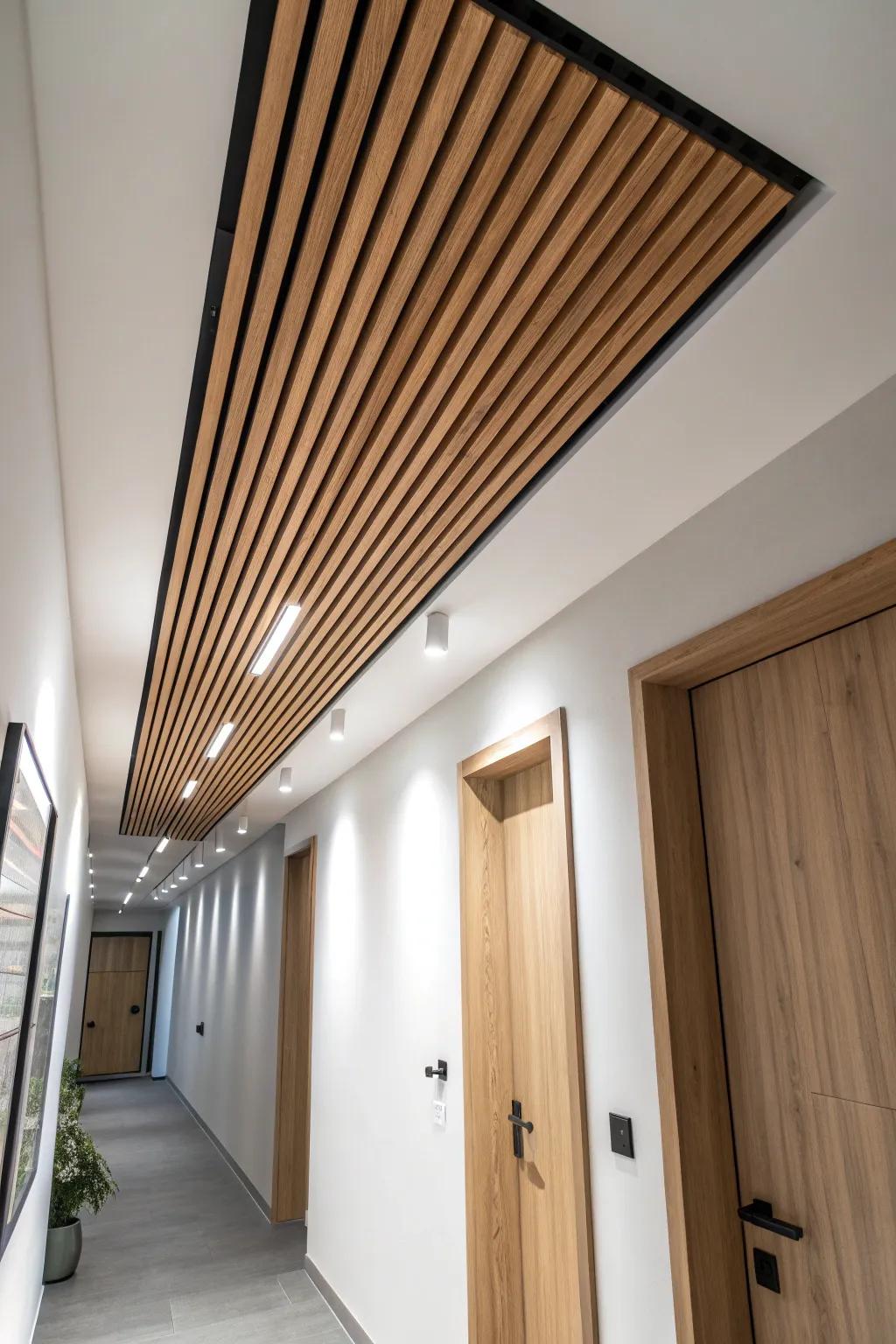 Slim wood slat ceiling lines add modern depth and warmth to a small hallway—no clutter.