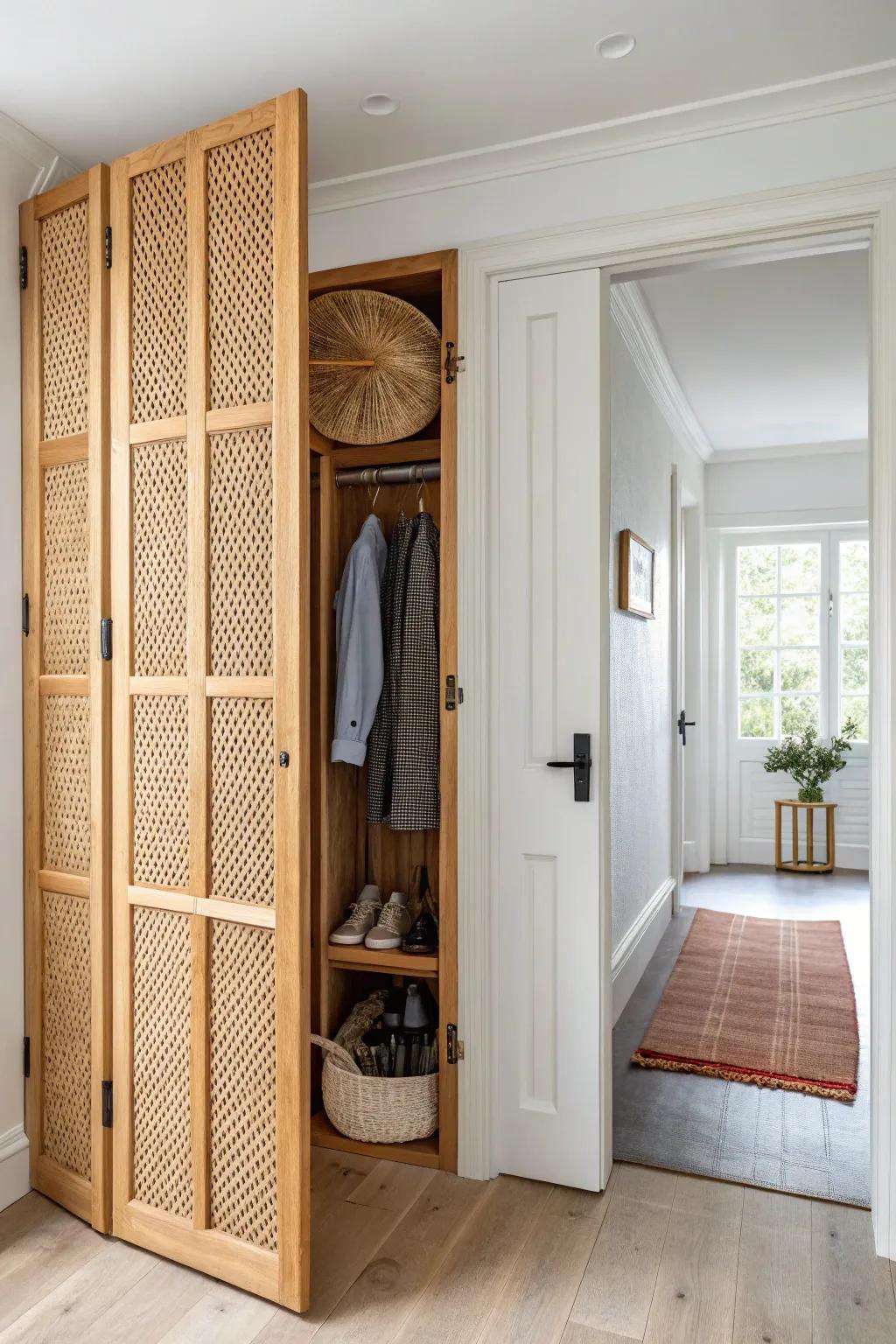 A space-smart accordion closet door that opens wide without blocking a tight hallway