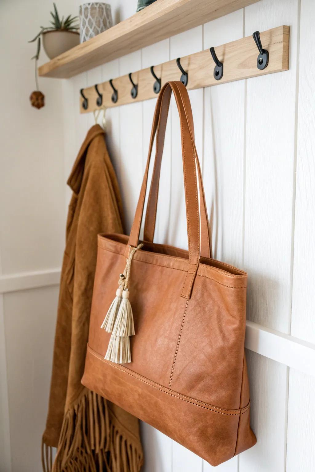 Give bags their own hook—one dedicated side keeps straps tangle-free and mornings calm.