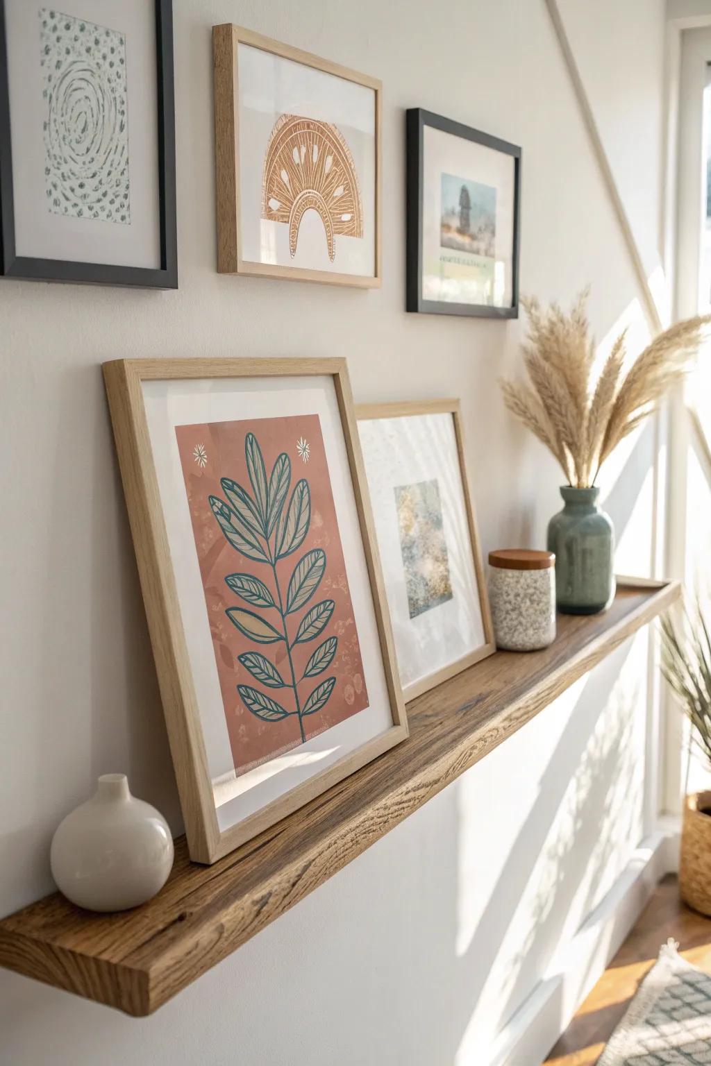 A floating picture ledge keeps hallway art flexible—swap prints seasonally with zero clutter.