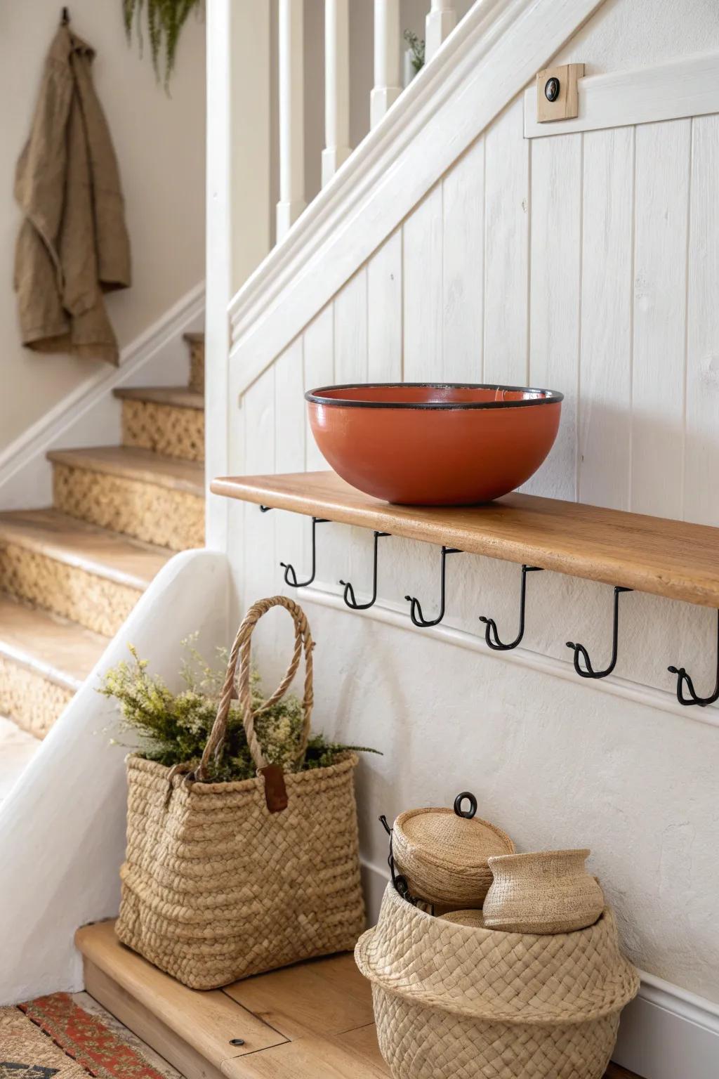 Turn the under-stair nook into an entry with a sleek ledge and hooks—small space, big impact.