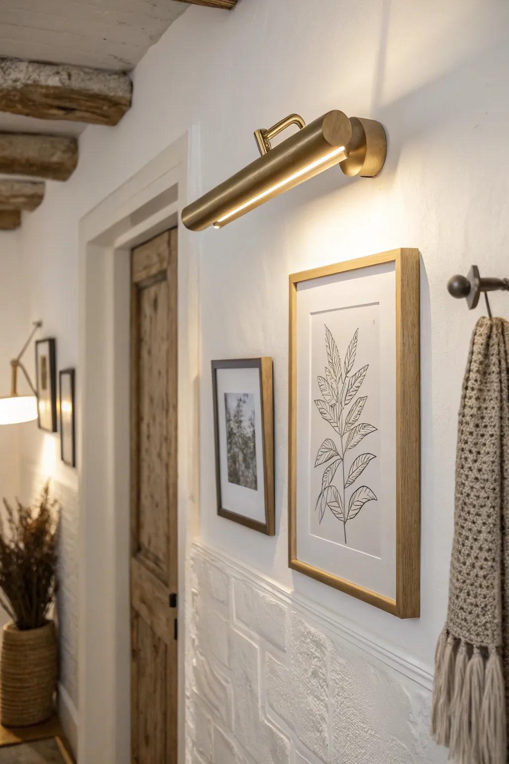 A warm brass picture light turns a simple hallway frame into a cozy, gallery-style moment.