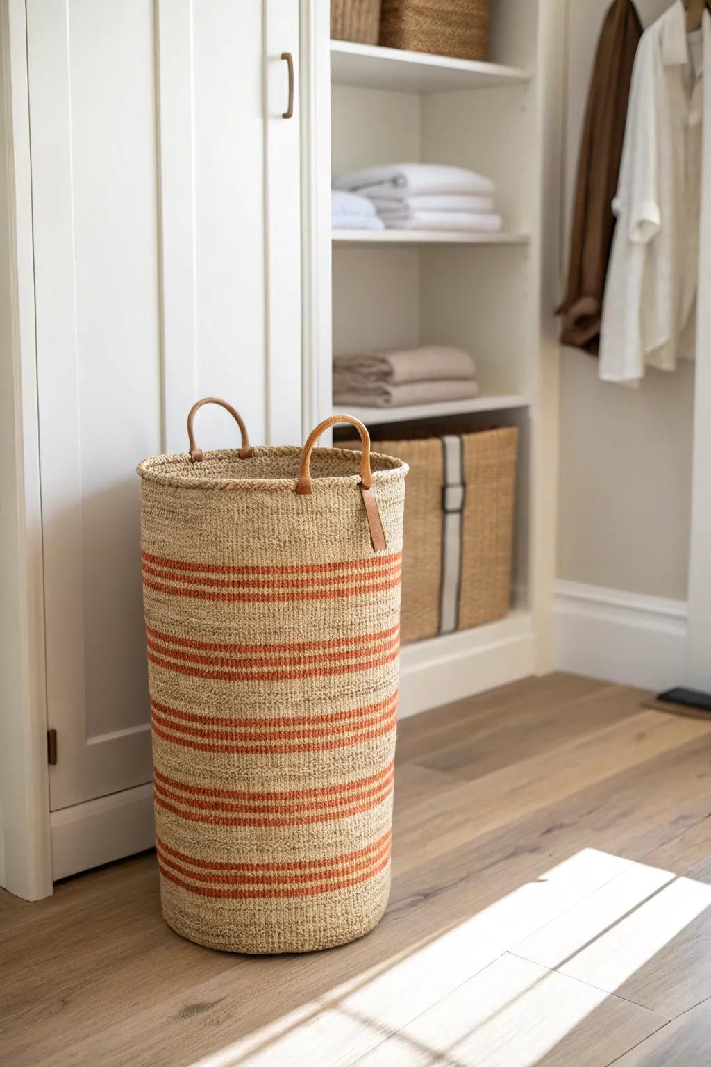 Turn the closet floor into a utility zone with a slim hamper that keeps linens clutter-free.