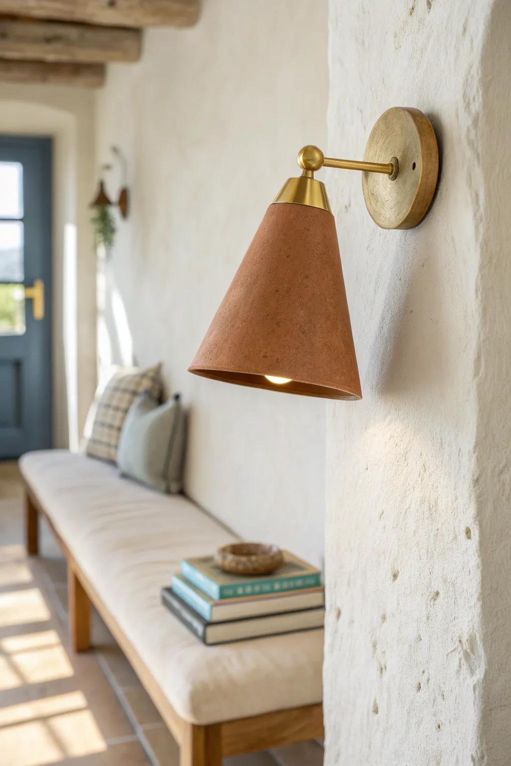 A warm wall sconce turns a tiny hallway bench into a calm, after-work reading retreat.