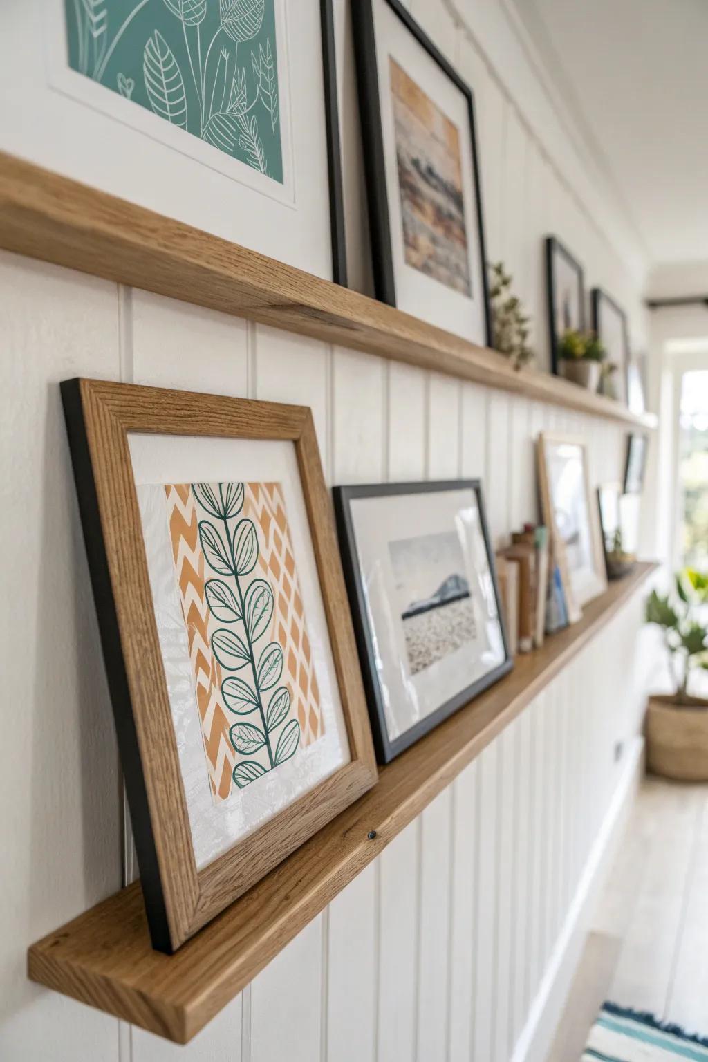 Layered frames on a slim picture ledge—renter-friendly hallway styling you can switch anytime.