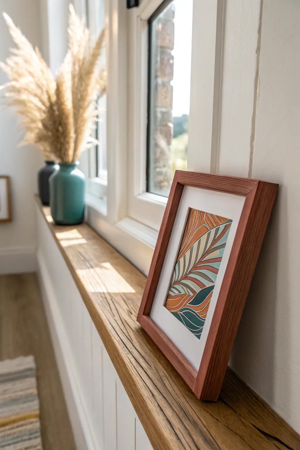 Rental-friendly hallway refresh: lean one bold frame on a slim oak picture ledge.