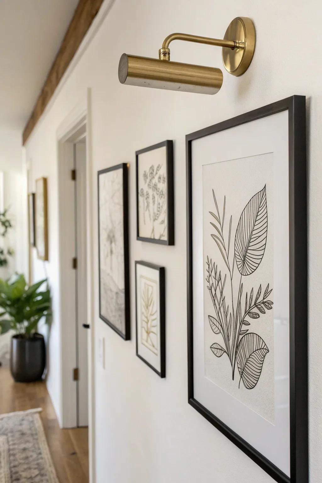 Turn a blank hallway into a mini gallery with a glowing brass picture-light sconce.