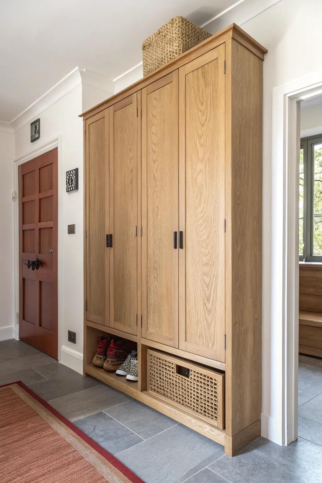 Sleek floor-to-ceiling built-ins hide shoes and make a small hallway feel instantly polished.