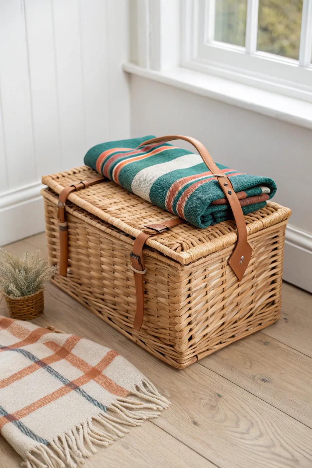 A lidded picnic hamper with a bold blanket—beautiful, compact, and easy to store at home.
