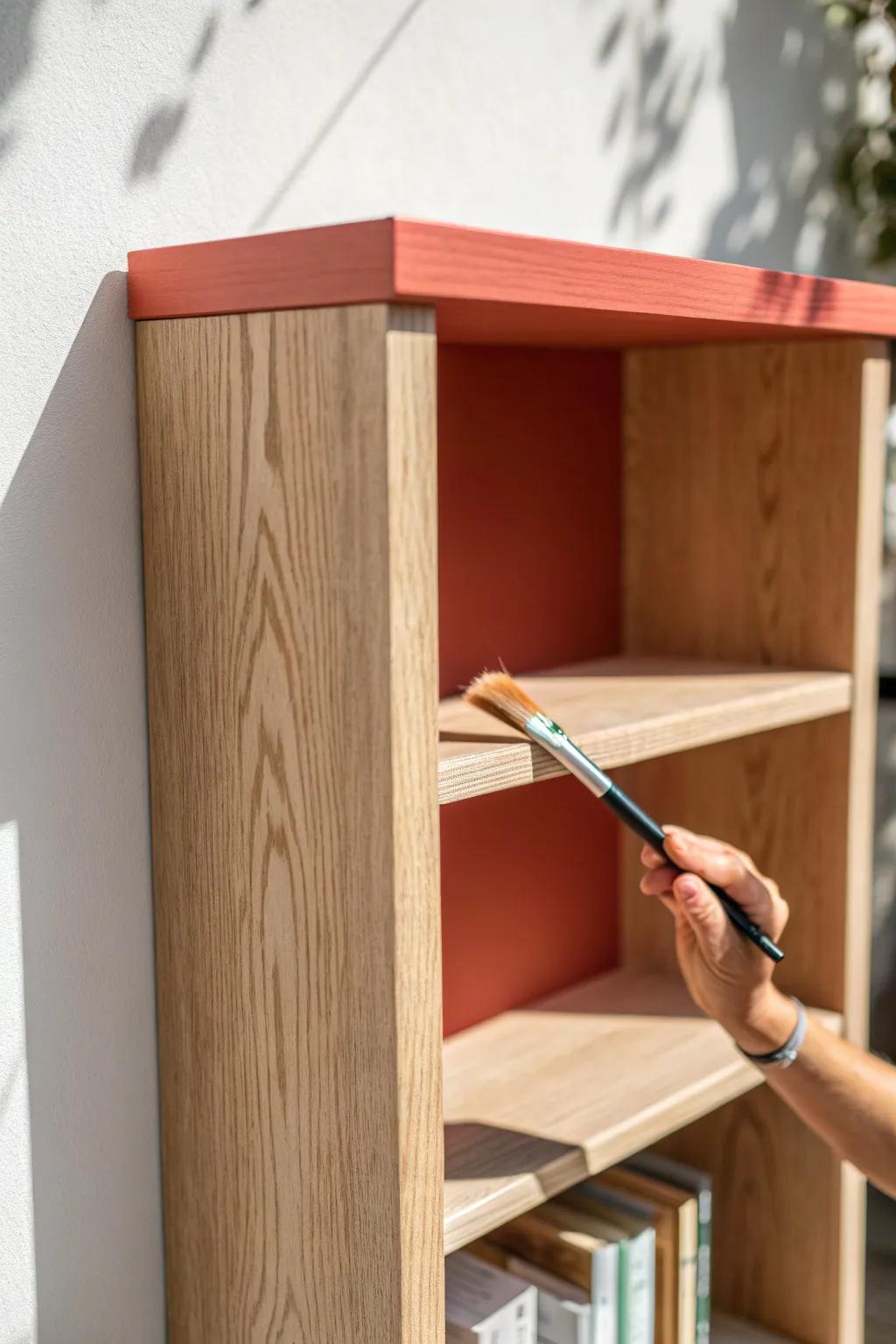 Painted shelf edges in bold terracotta add instant definition—no full bookcase makeover needed.