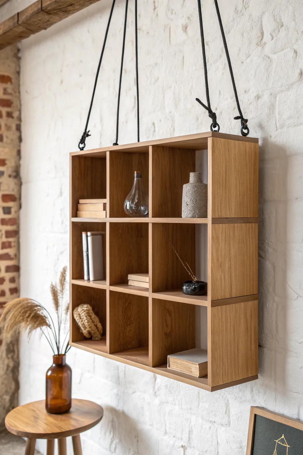 Staggered “Tetris” hanging shelves: small-space storage that doubles as a statement piece.