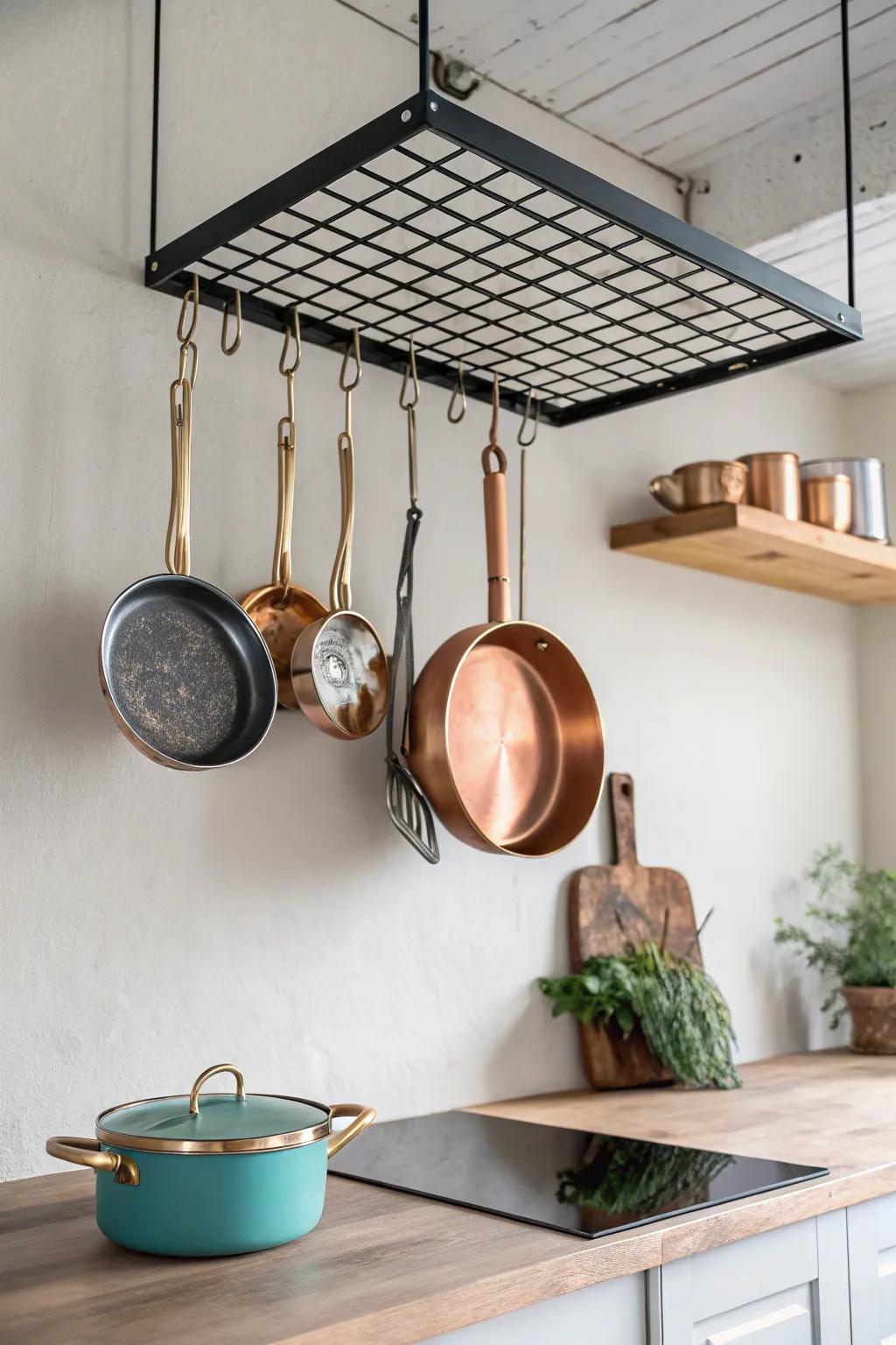 Ceiling grid pot rack: move the hooks, curate your cookware, and keep counters clear in style.