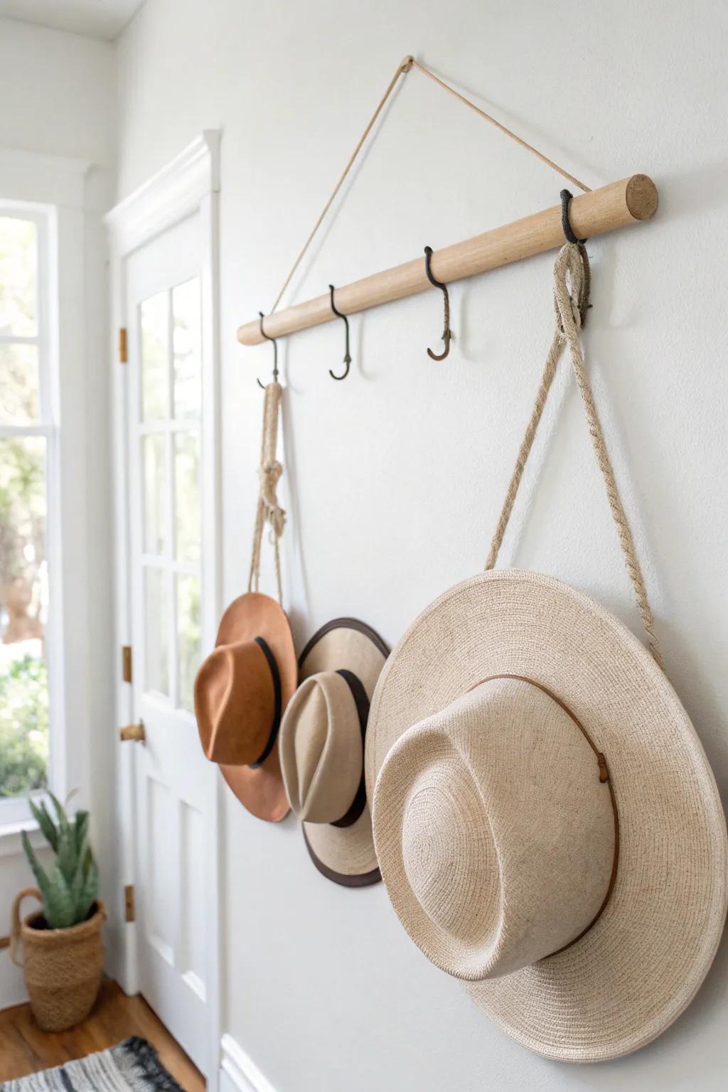 Airy suspended dowel hat bar—rope, oak, and a bold terracotta hat for small-space style.