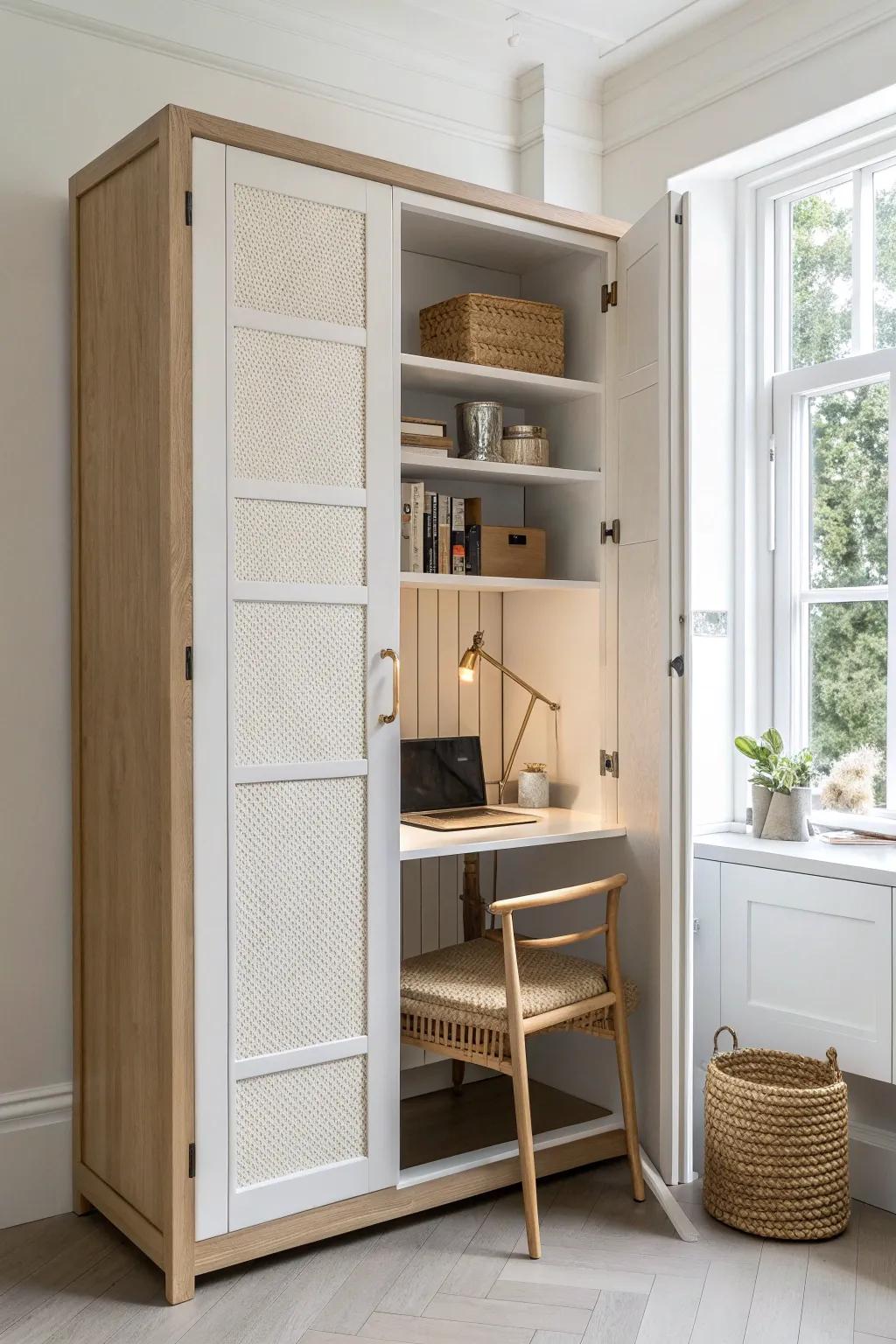 A pantry cabinet that opens into a hidden desk—close it and instantly switch back to home mode.