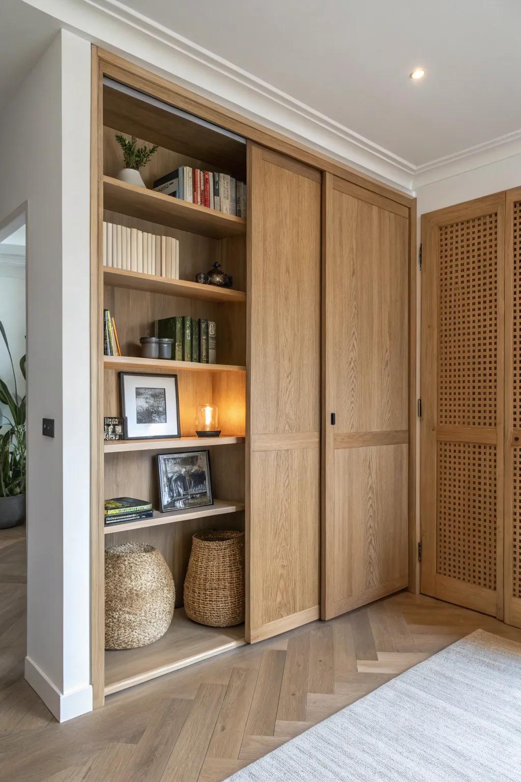 A sliding bookcase that looks ordinary—until it glides aside to reveal a secret room.