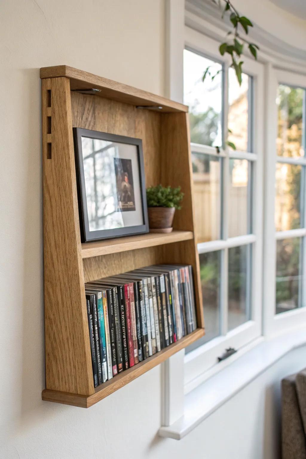 Swing-out picture frame art that opens to hidden DVD shelves—sleek storage for small spaces.