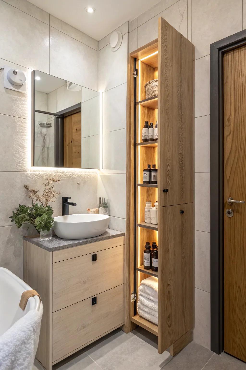 A slim corner column becomes a hidden medicine cabinet—minimal, warm, and space-smart.