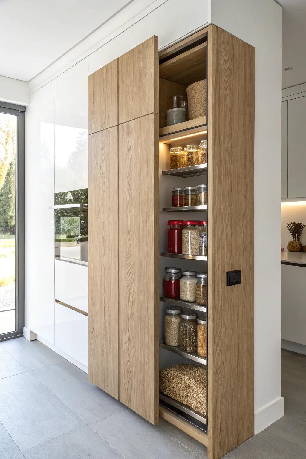 A fridge-style panel that swings open to reveal a slim, glowing pantry—seamless and space-smart.