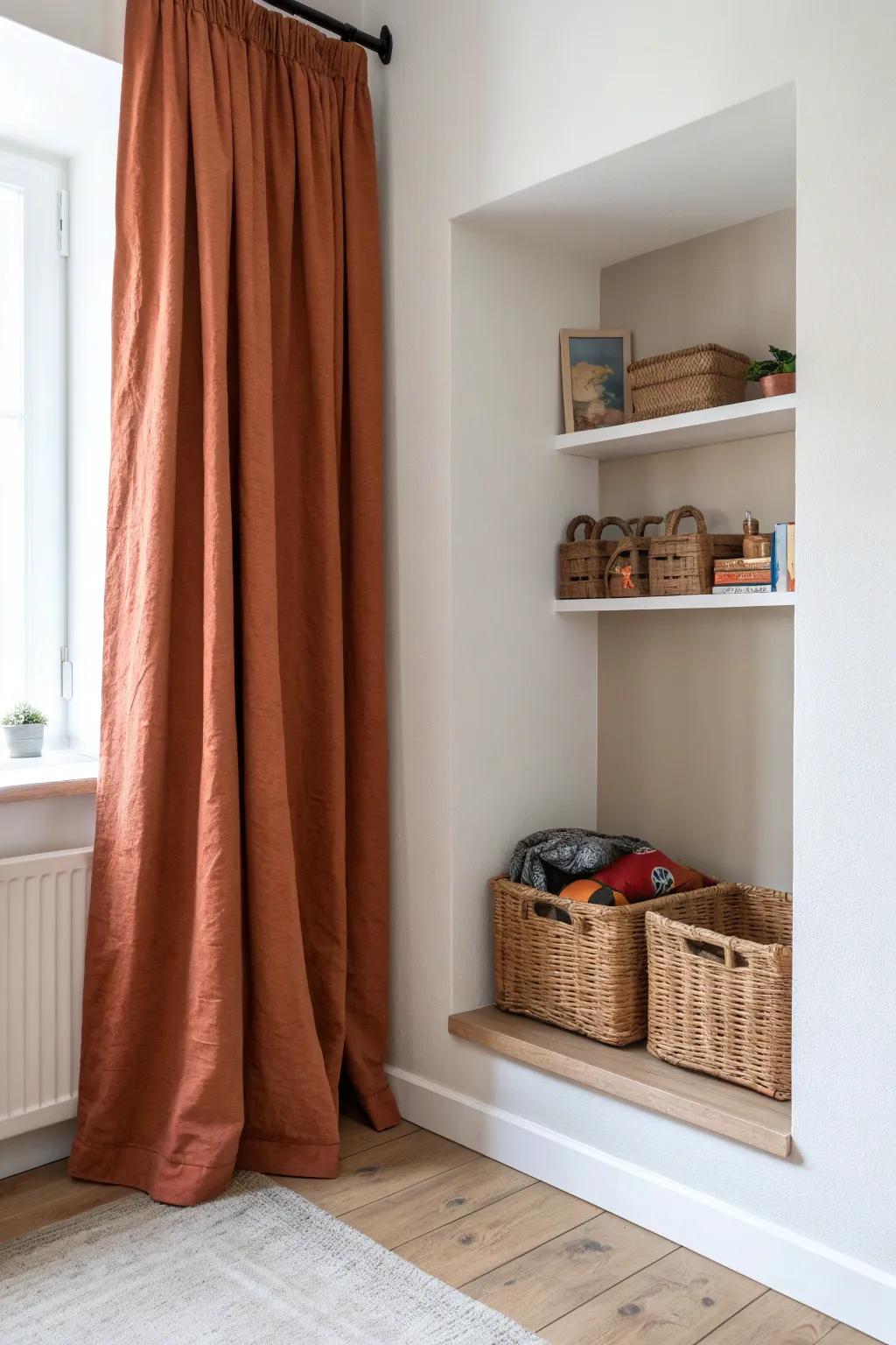 A linen curtain turns an awkward nook into calm, hidden toy storage—pretty and practical.