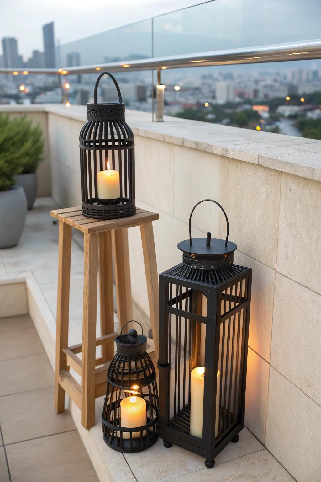 Lantern clusters add a warm, wiring-free night glow that makes any high-rise balcony feel magical.