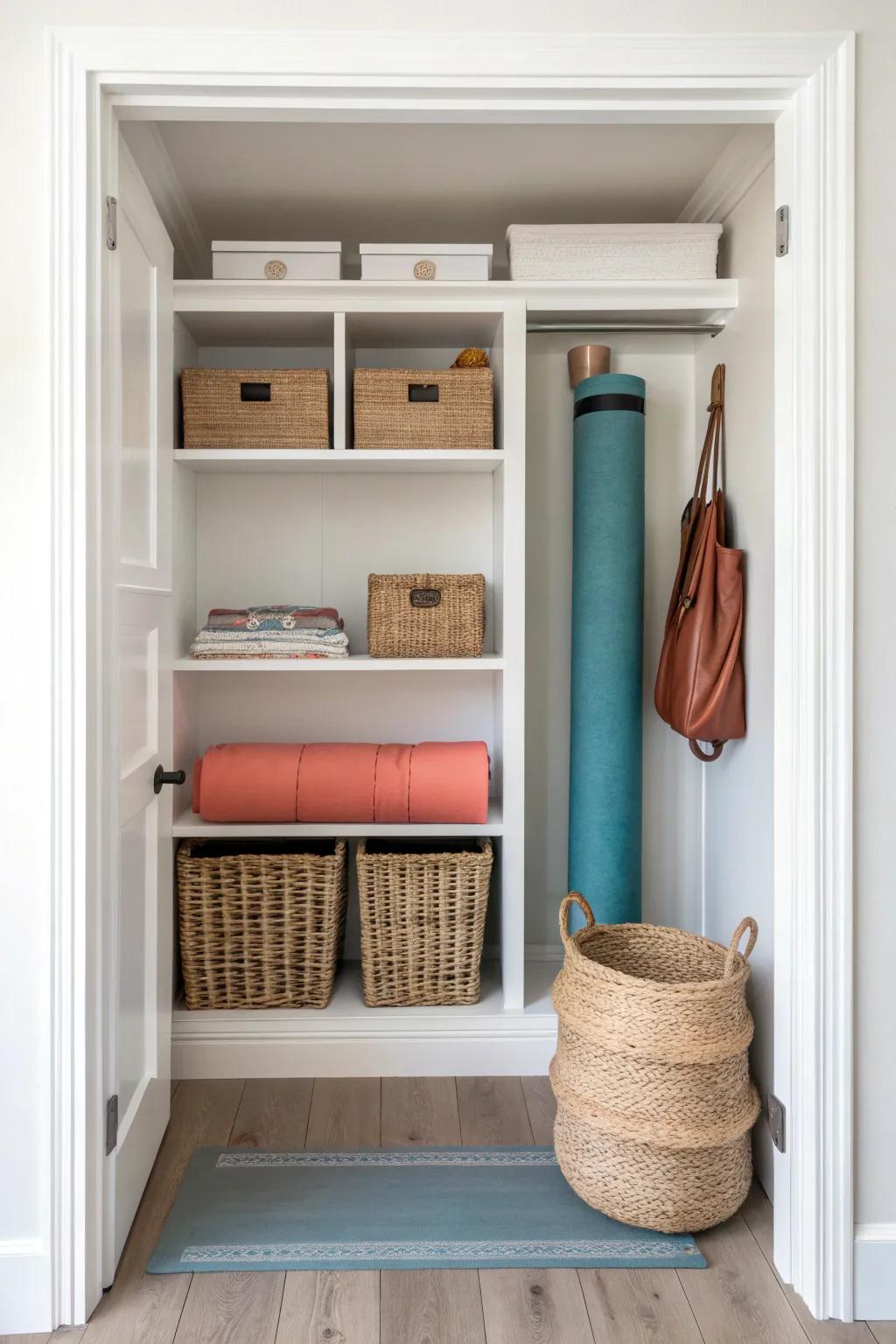 Turn a shallow closet into a gym zone: daily gear at eye level, backups stored up high.