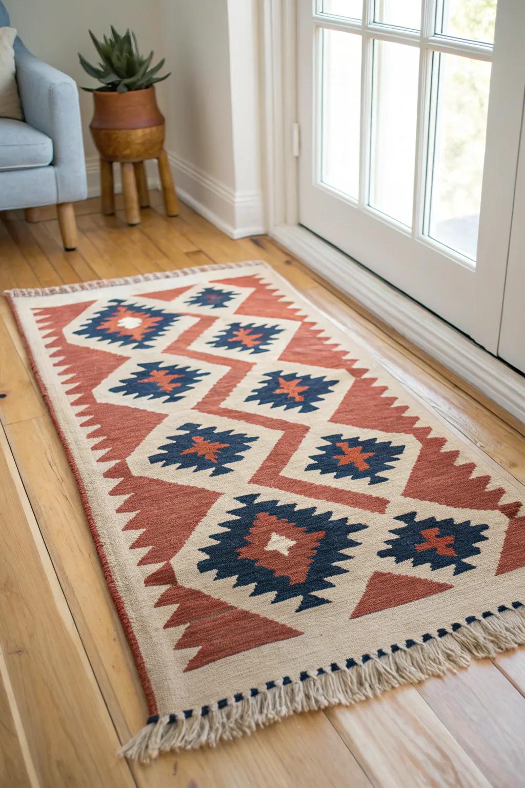 Define a homeschool nook in a small space—one bold mini rug creates a calm, focused zone.