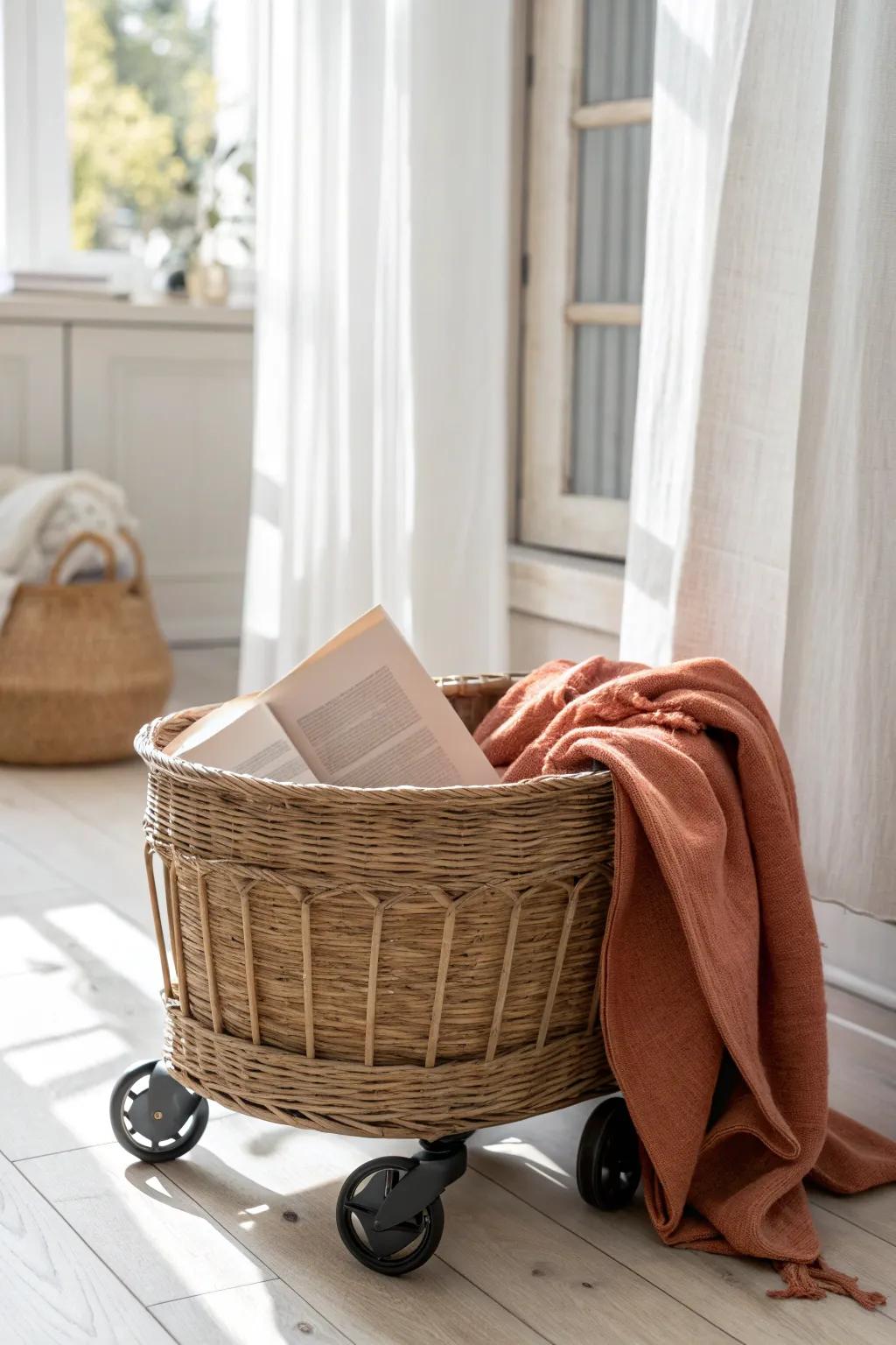 A rolling rattan basket keeps throws and reads ready—wheel it to wherever the sun lands.