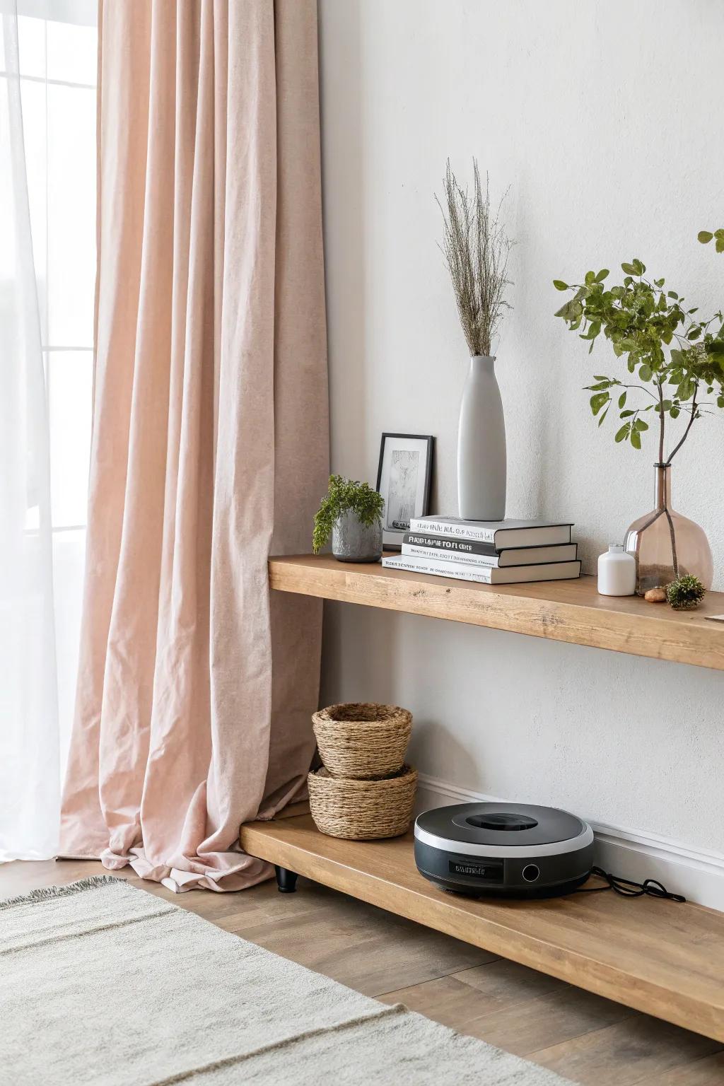 Hide your tech in style with a chic floating shelf solution that adds a decorative touch to any minimalist space.