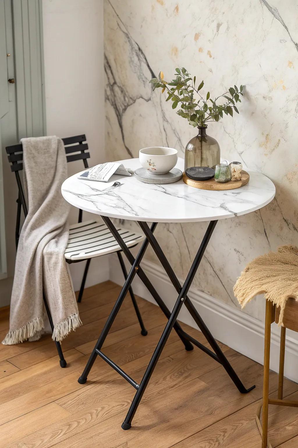 Turn a basic folding table into a chic bistro piece with sleek faux marble vinyl.