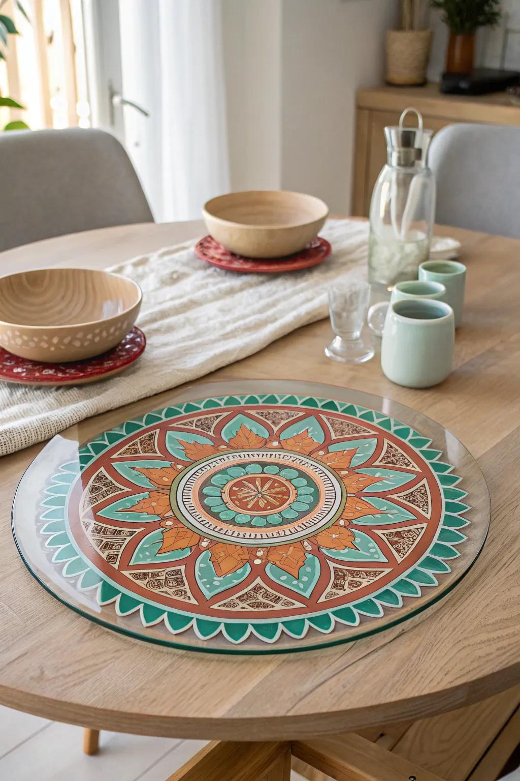 Elevate your table setting with this elegant glass-topped lazy Susan, blending modern simplicity with vibrant Boho charm.