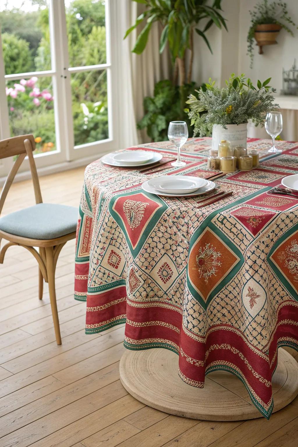 Reimagine your dining experience with a bold twist: a square tablecloth on a round table for a modern, eye-catching aesthetic.
