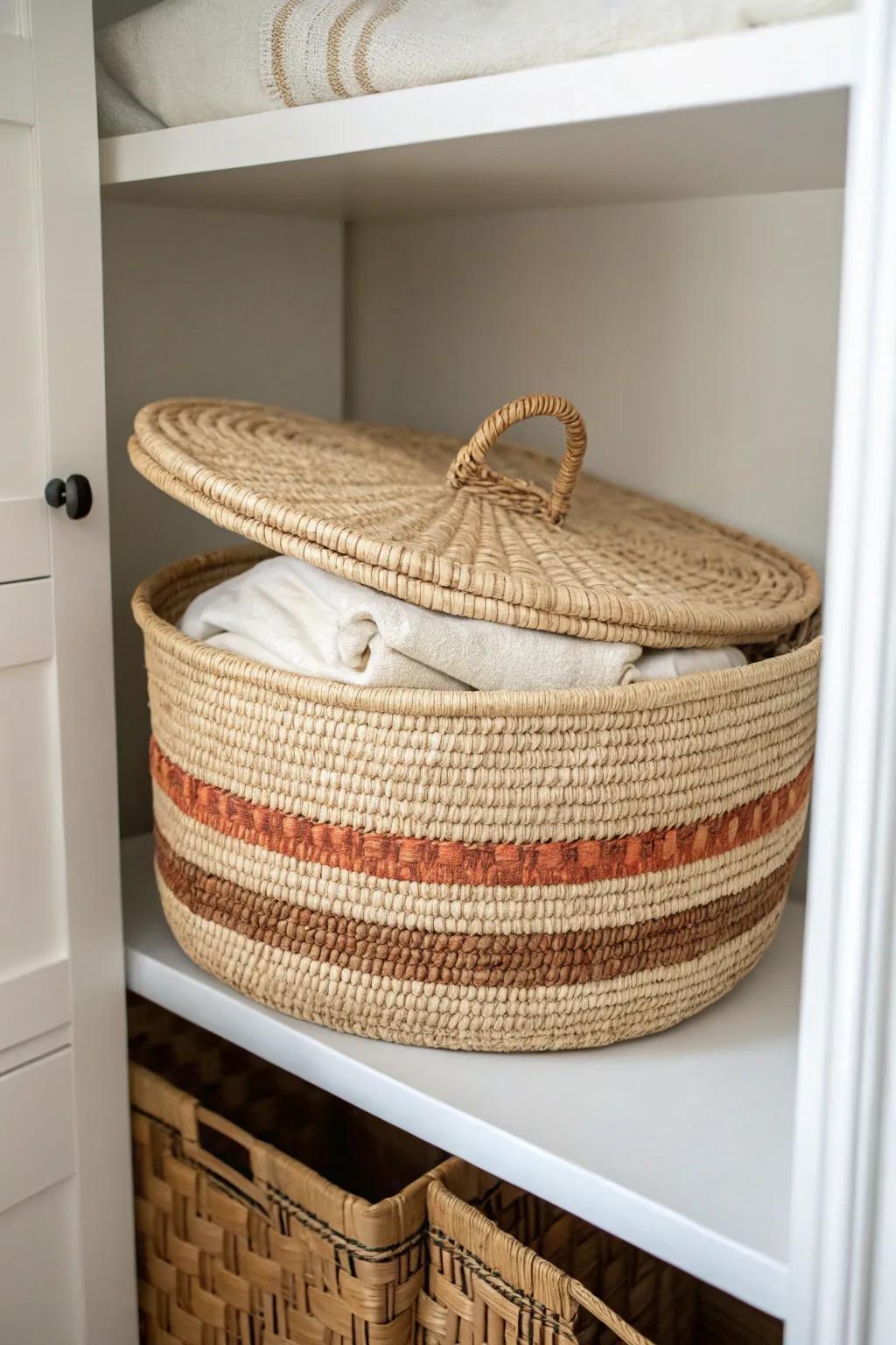 Top-shelf tip: corral bulky blankets in one beautiful bin to prevent closet avalanches.