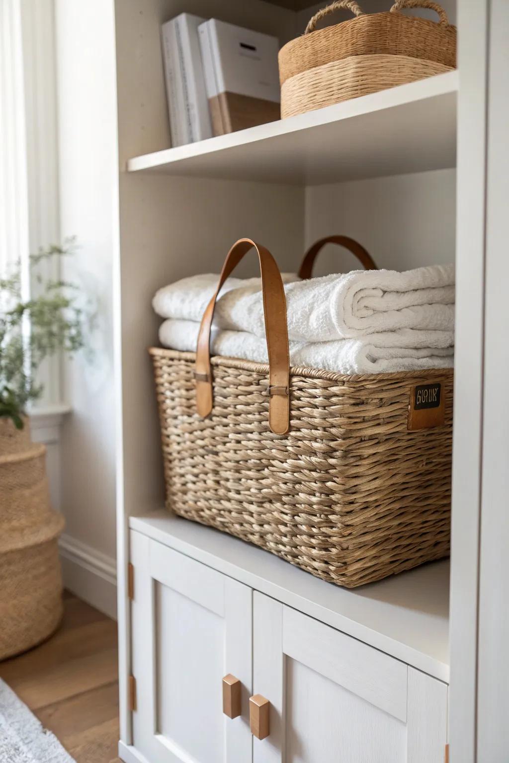 Keep heavy baskets low and forward on deep shelves for safer, effortless closet access.