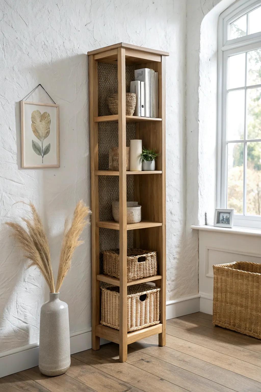 Turn that awkward corner into storage with a slim bookcase styled with bins + decor.