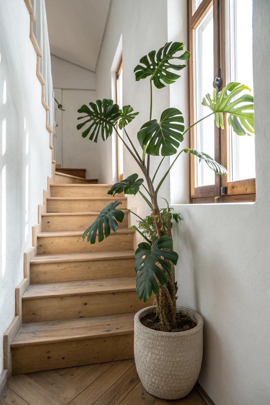 A tall, sculptural plant at the stair base brings fresh life to even the smallest hallway.