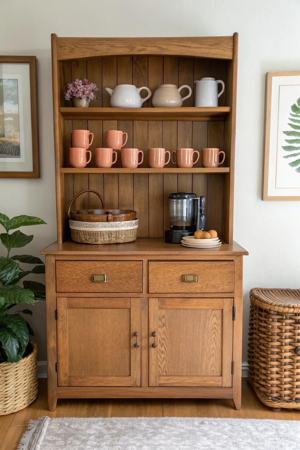 Turn an old hutch into a chic coffee & tea station—organized mornings with bold, cozy contrast.