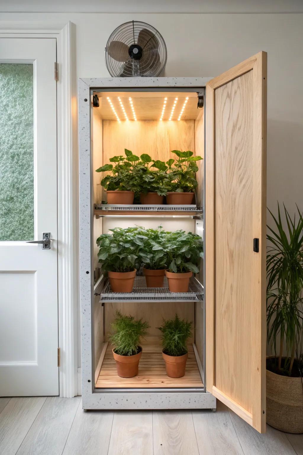 Turn a spare closet into a lush greenhouse nook—reflective walls, grow lights, fresh airflow.