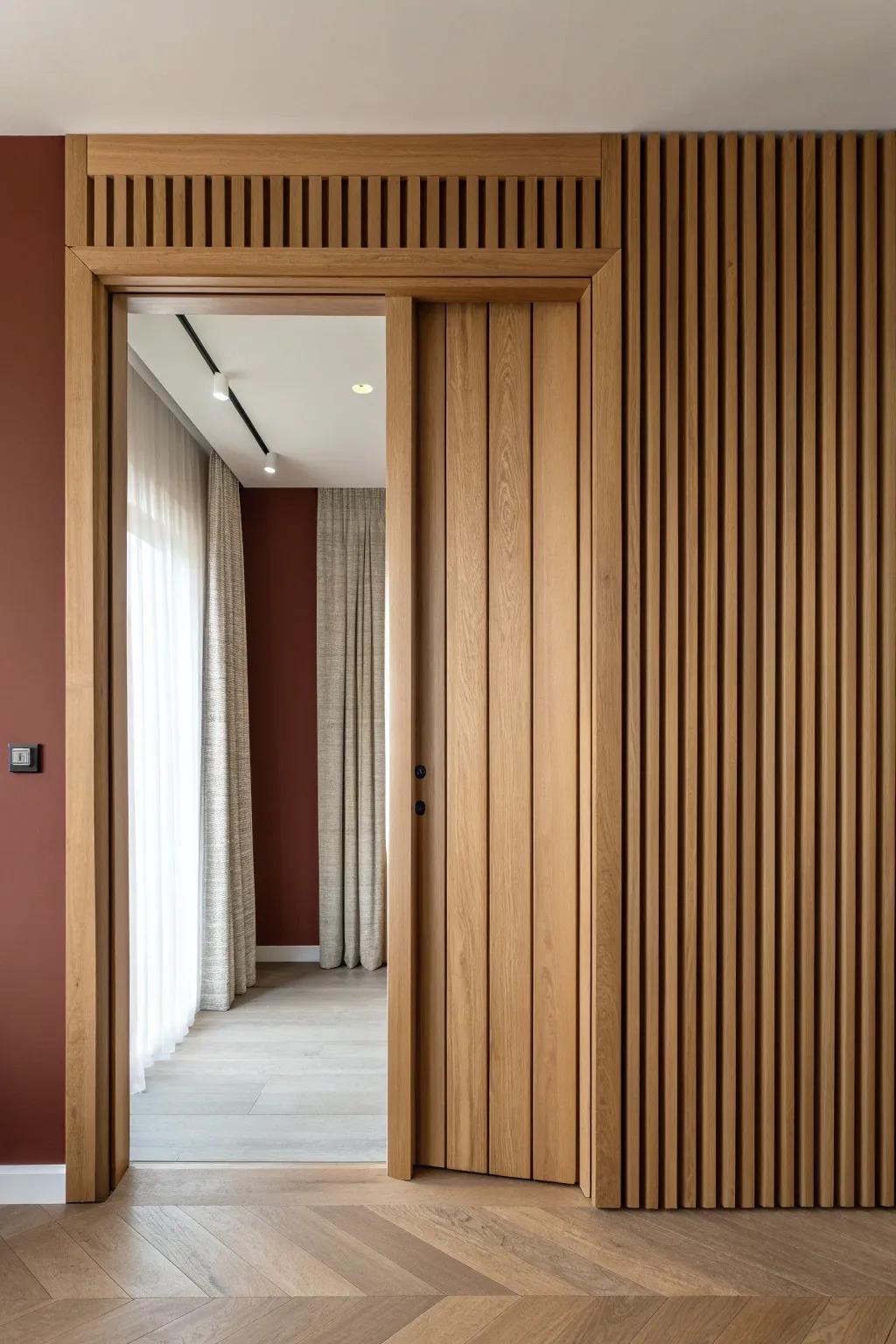 A simple wood-slat surround turns a plain doorway into a crafted Scandinavian statement.