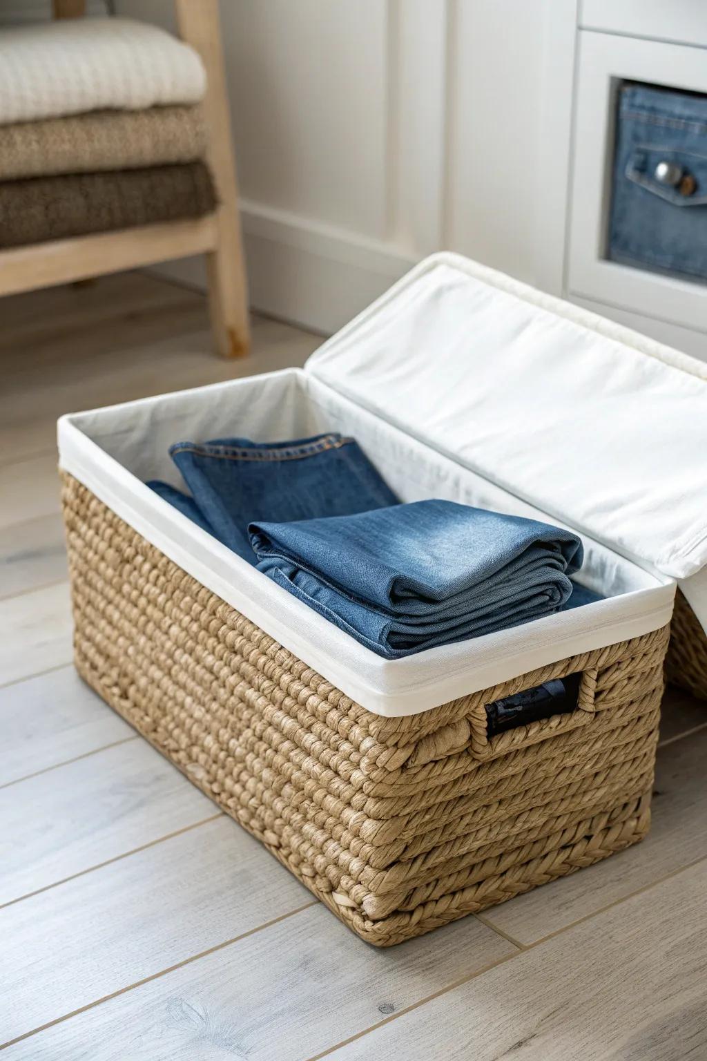 Store off-season jeans neatly in an under-bed box—flat folds save space and keep closets airy.