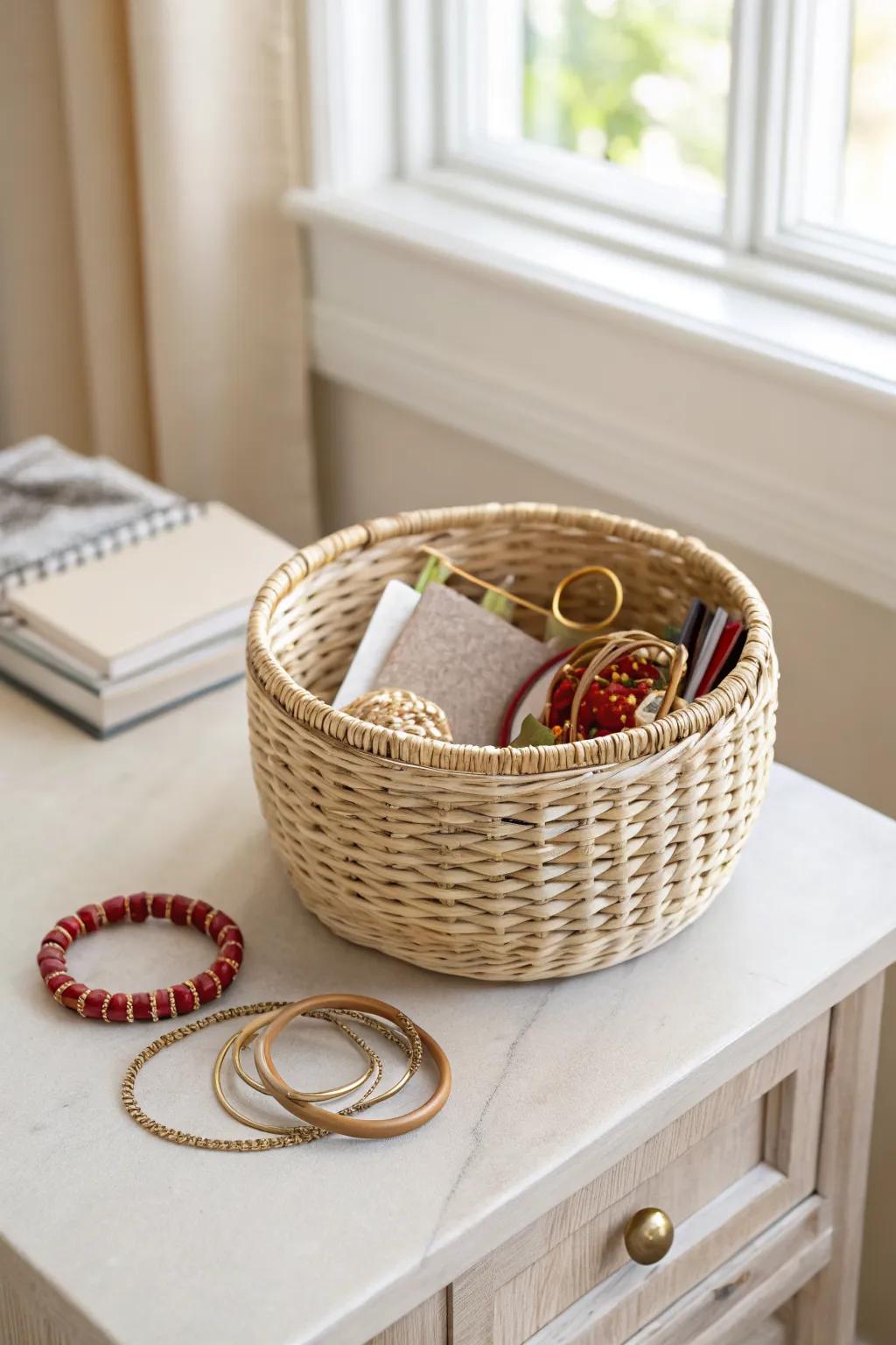 Binder rings bundle bracelets + earrings—toss each set in a basket for grab-and-go sparkle.