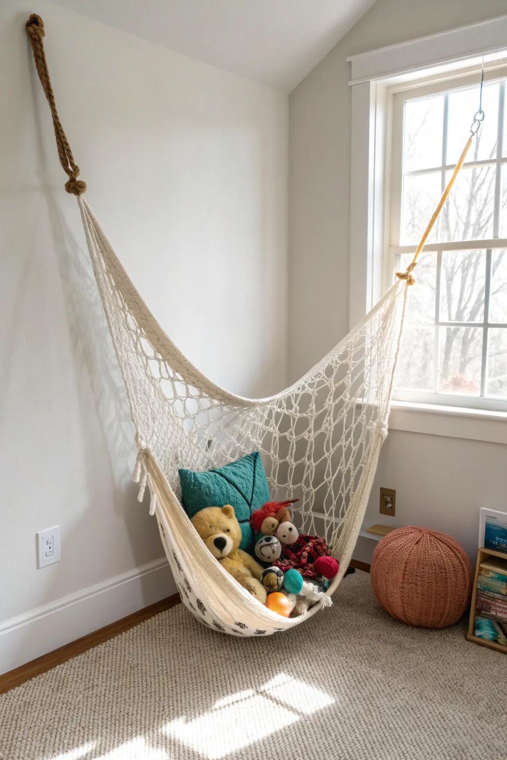 A plush hammock in the corner frees up bed space and turns stuffed animals into decor.