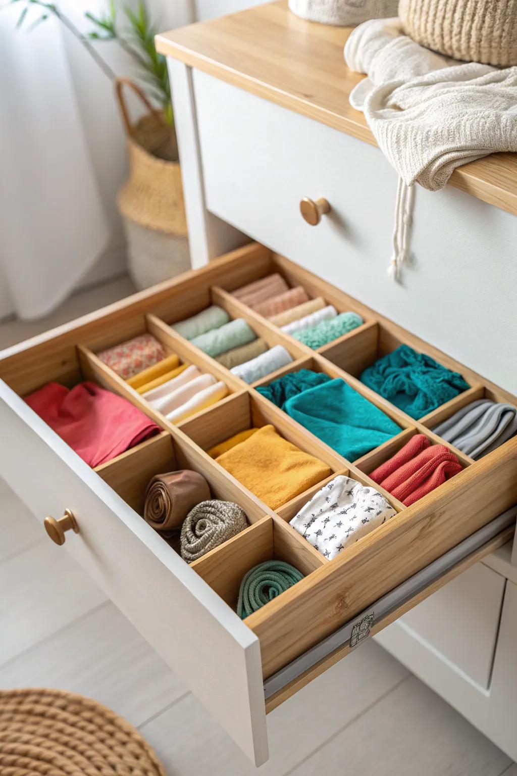 Tiny socks stay sorted—bamboo drawer dividers keep kids’ drawers calm and easy to reset.