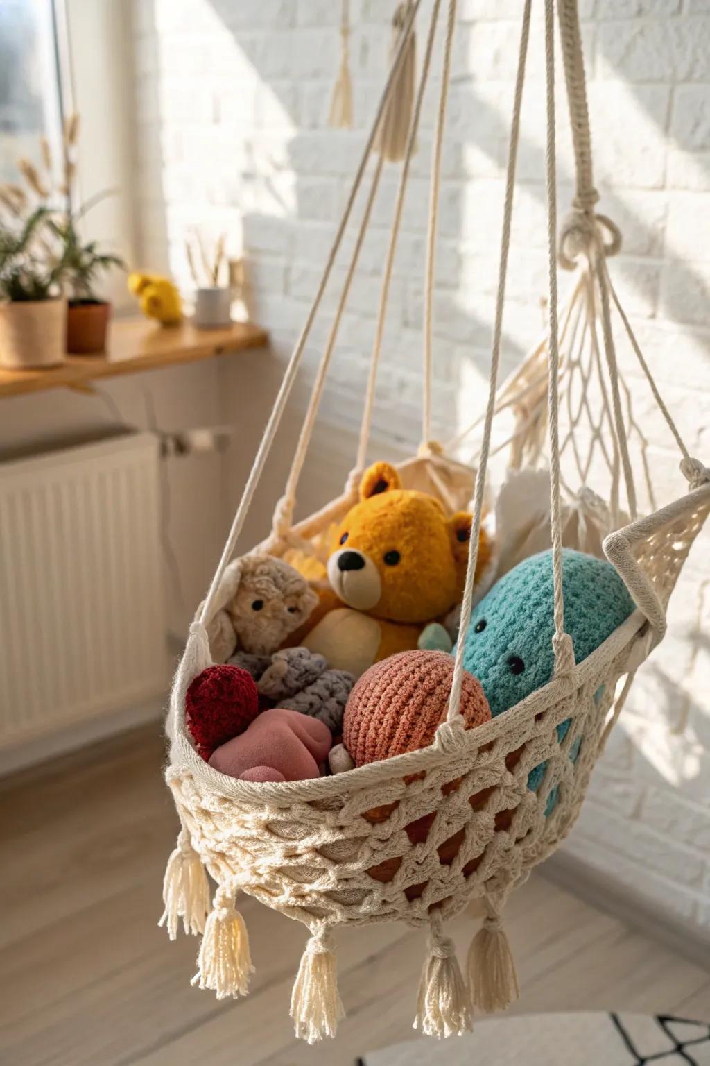 A chic macramé hammock gives plushies a clear home—and instantly calms the whole room.